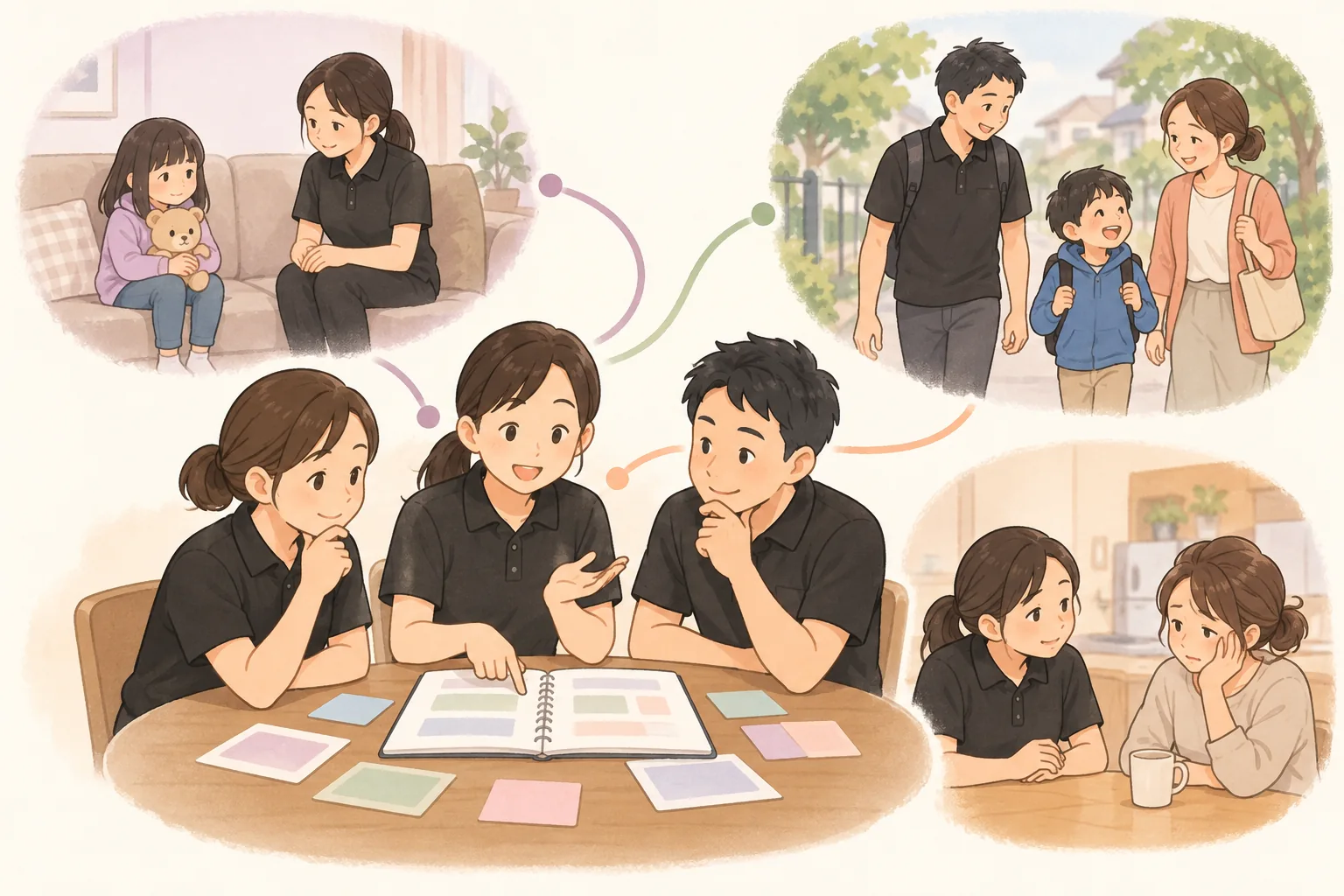 人との距離、外出、ご家族の悩みなど多様なケースの経験を看護師チームで共有するイラスト