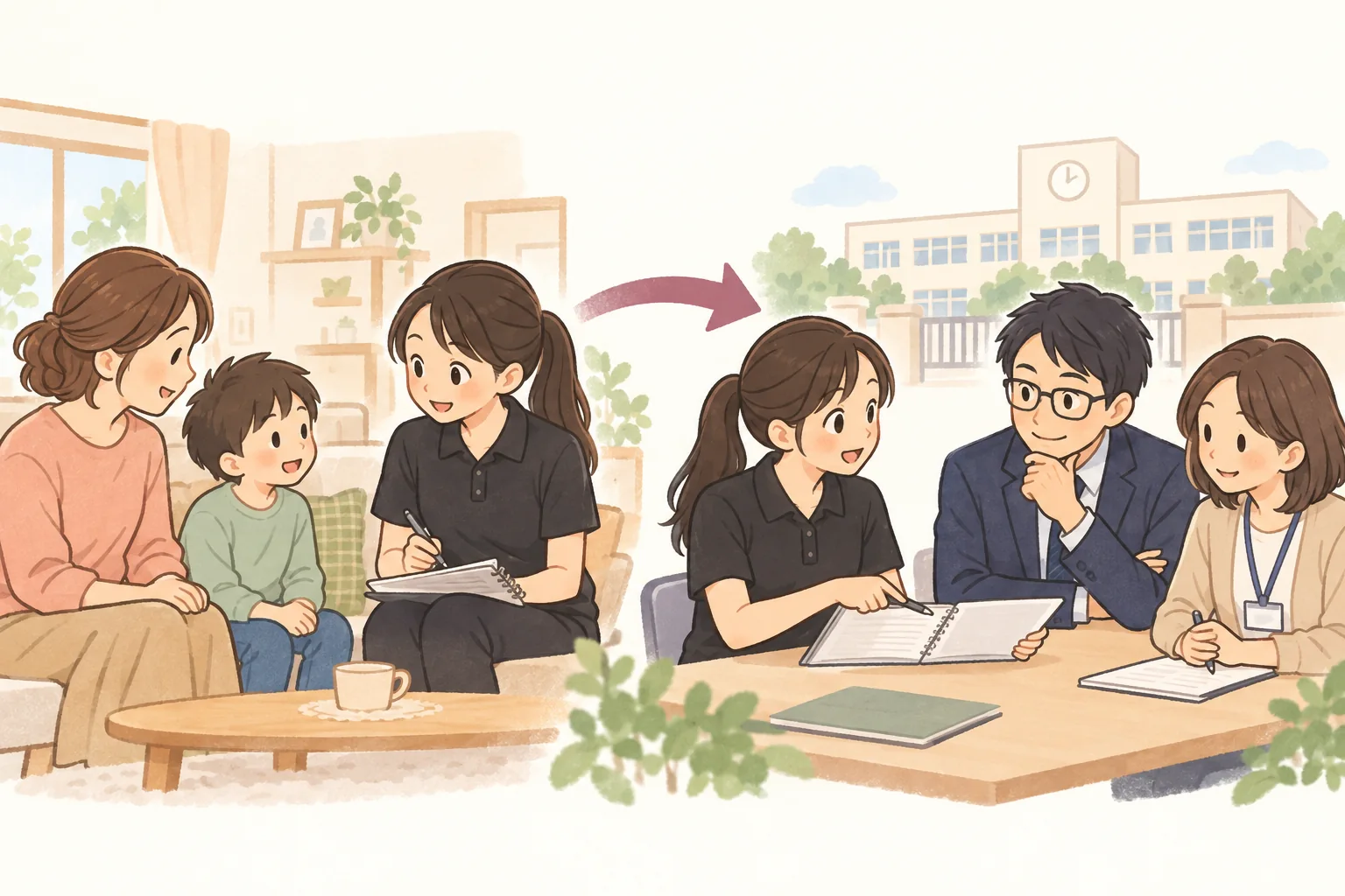 親子の話を聞いた看護師が先生と福祉の相談員に状況を説明するイラスト