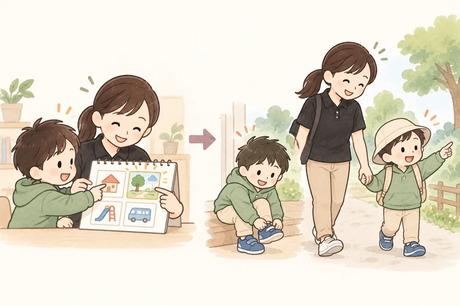 外出の予定や身支度を子どもと一緒に考える看護師（イラスト）