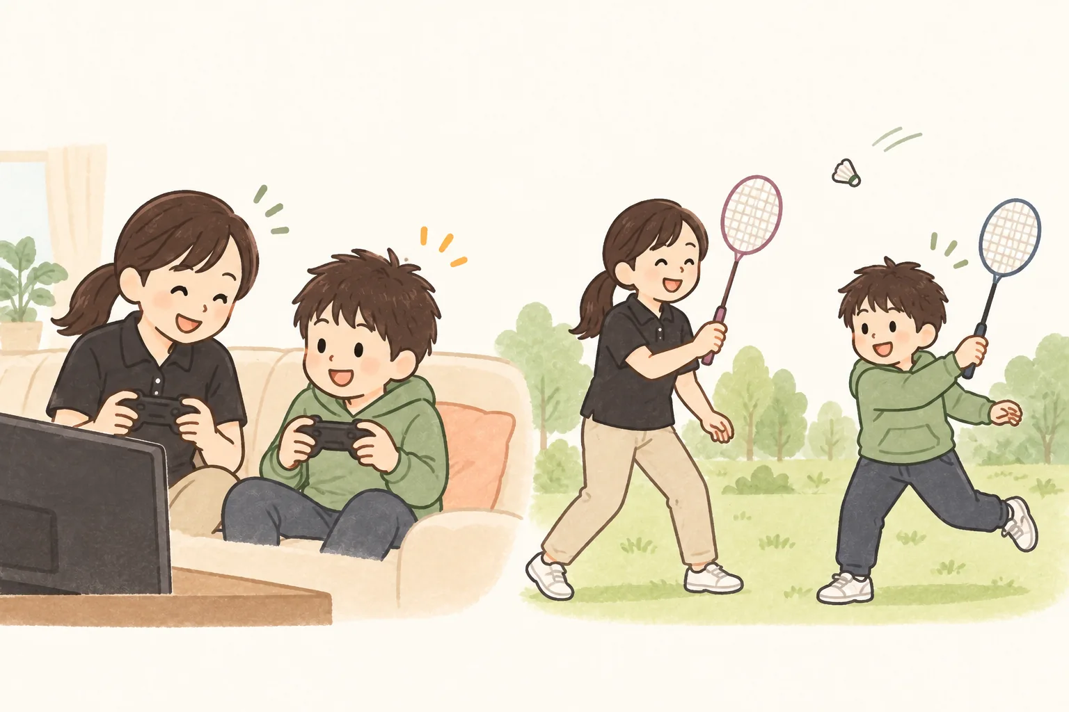 テレビゲームやバドミントンを子どもと楽しむ看護師（イラスト）