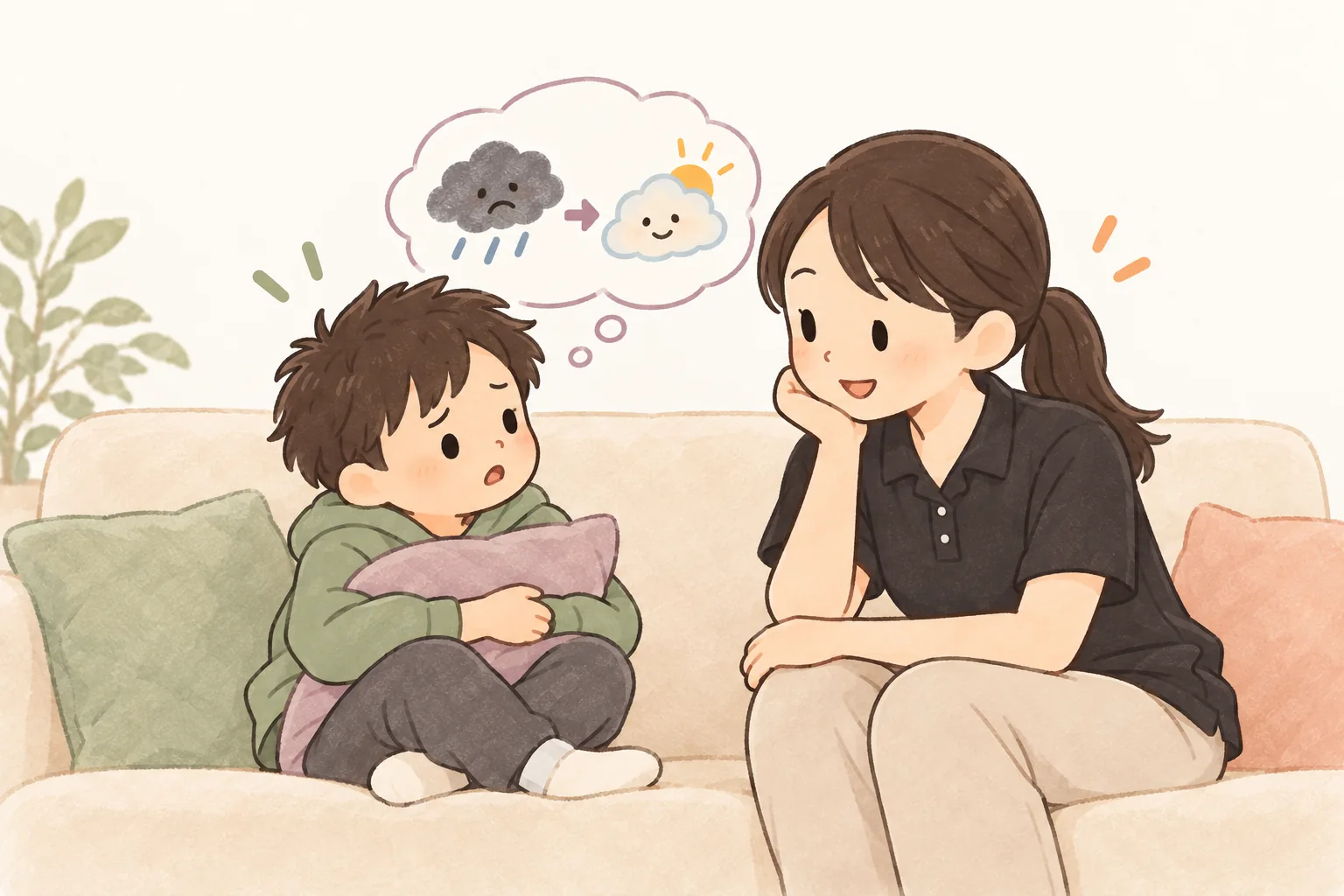 つらい気持ちを聞き、伝え方を子どもと考える看護師（イラスト）