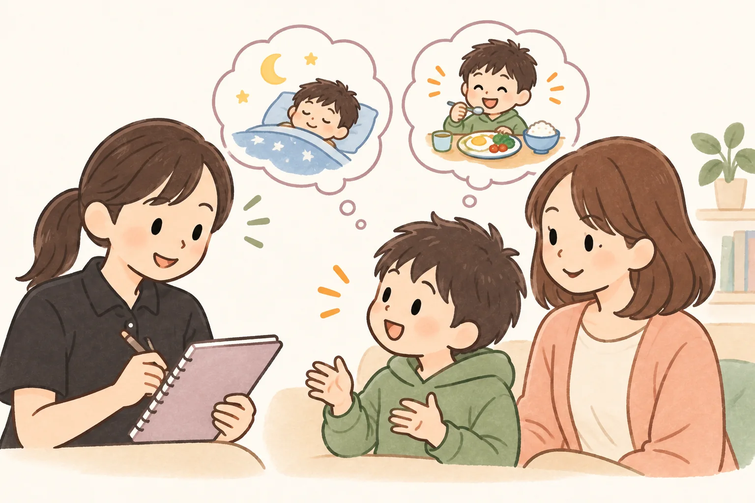 睡眠や食事、日中の過ごし方を親子と確認する看護師（イラスト）