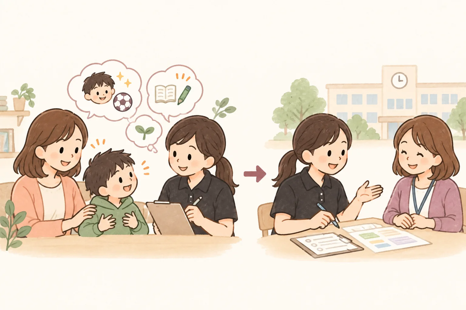 家庭での様子や本人の希望を先生に伝える看護師（イラスト）