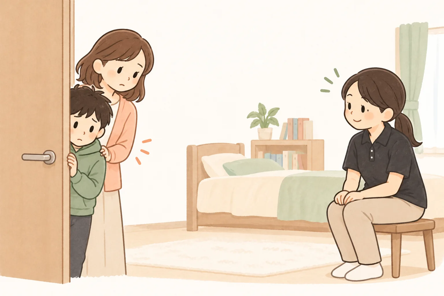 訪問した看護師に会うことをためらい、母親の後ろに隠れる子ども（イラスト）