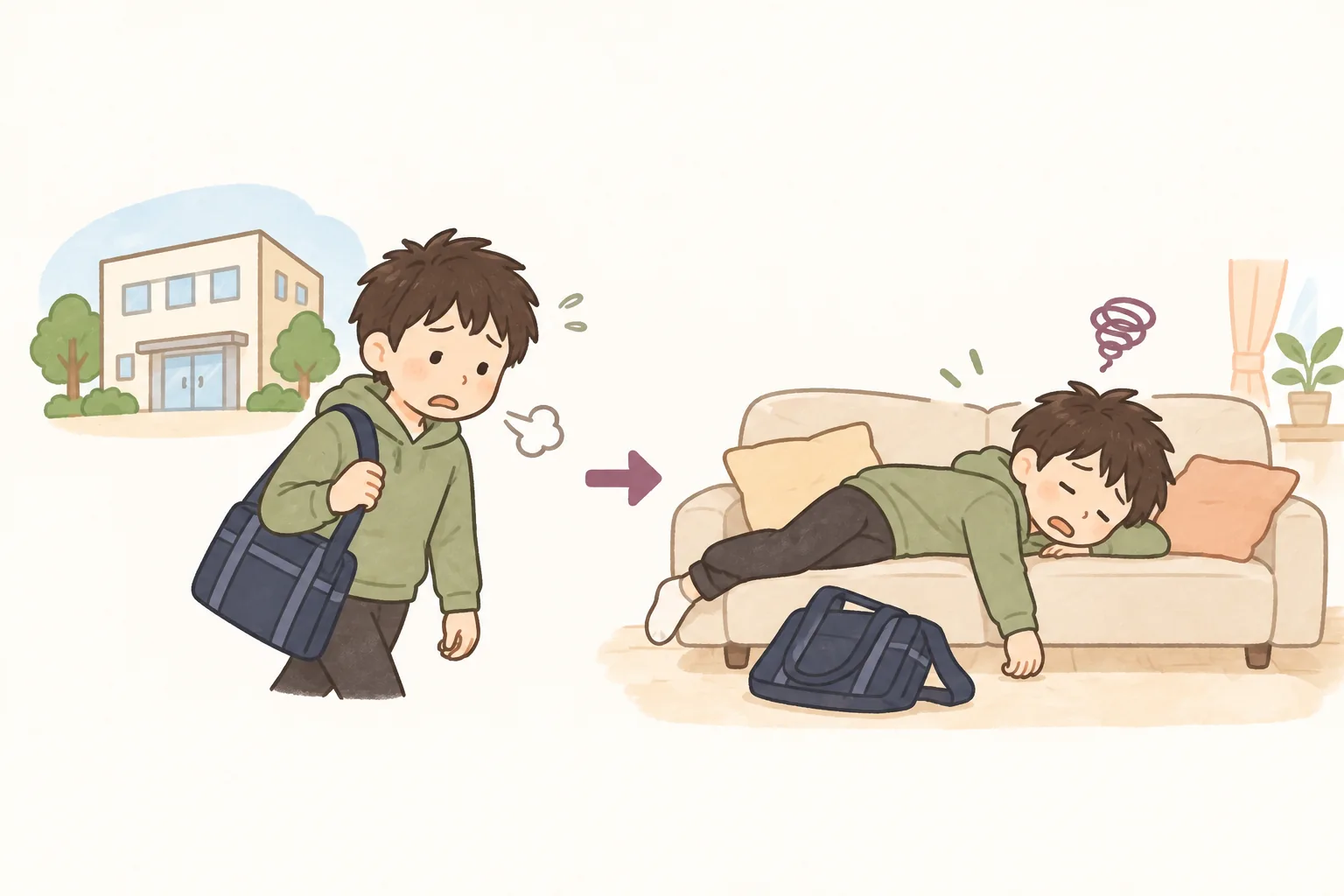 支援先から帰宅してソファで疲れ切っている子ども（イラスト）