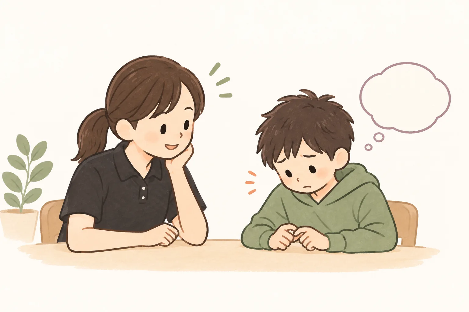 看護師に聞かれても気持ちを言葉にできない子ども（イラスト）