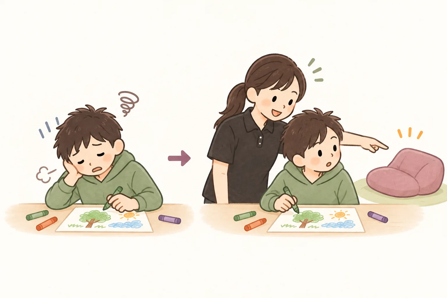 疲れていても活動を続け、看護師が休息を提案する場面（イラスト）