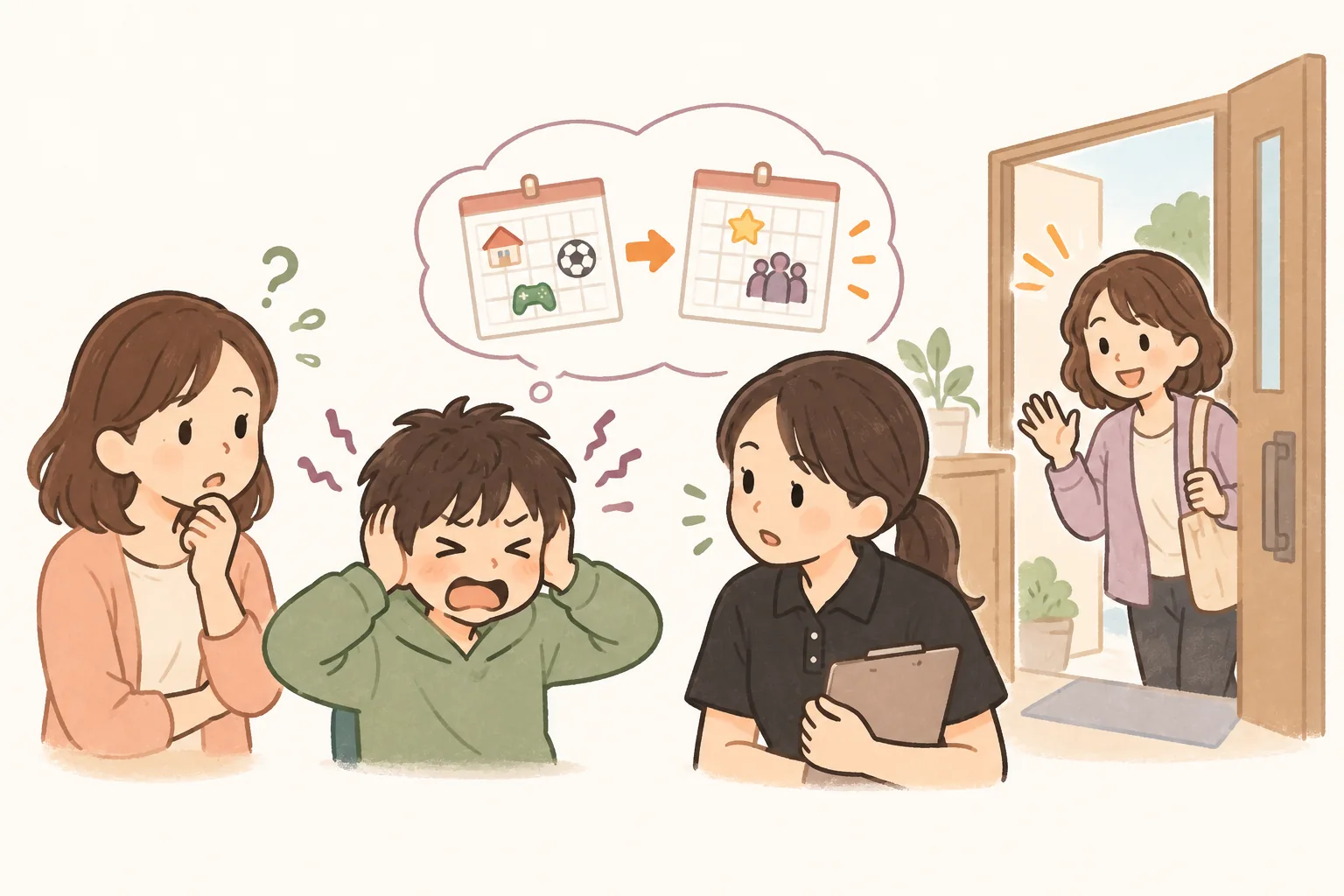 急な予定変更や来客に戸惑い、落ち着かない子ども（イラスト）