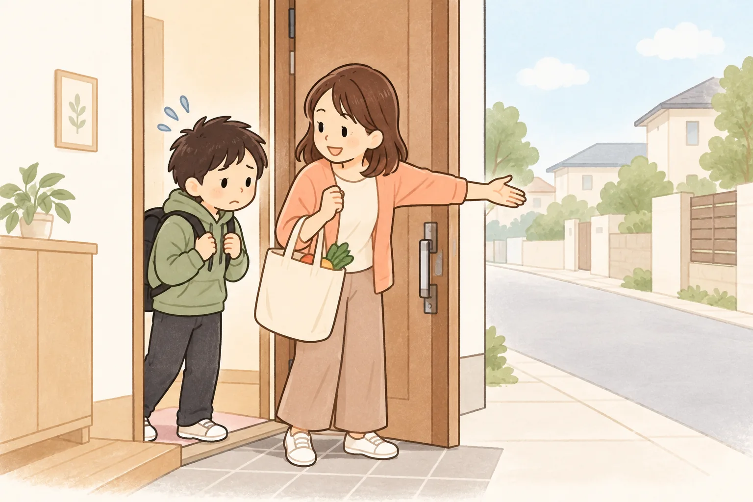 買い物に誘われても玄関から出ることをためらう子ども（イラスト）