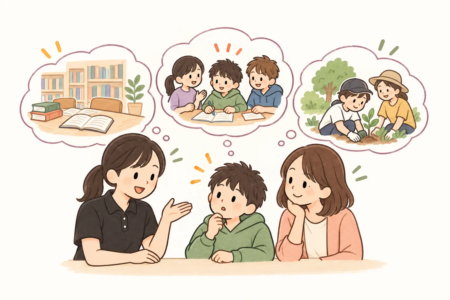 学校以外の居場所や活動を親子と一緒に考える看護師（イラスト）