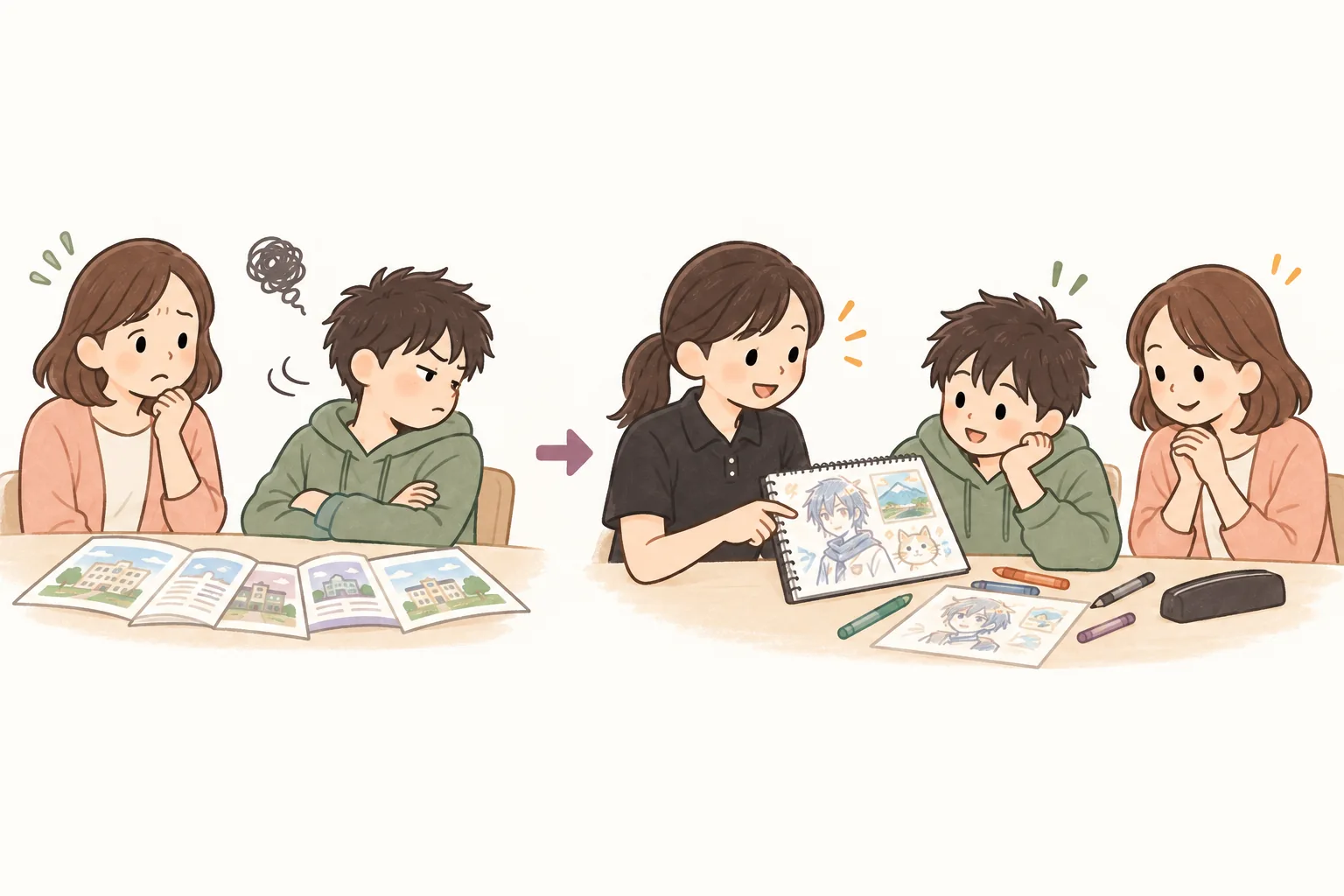 進路の話から顔をそむける子どもに、興味のあることから関わる看護師（イラスト）