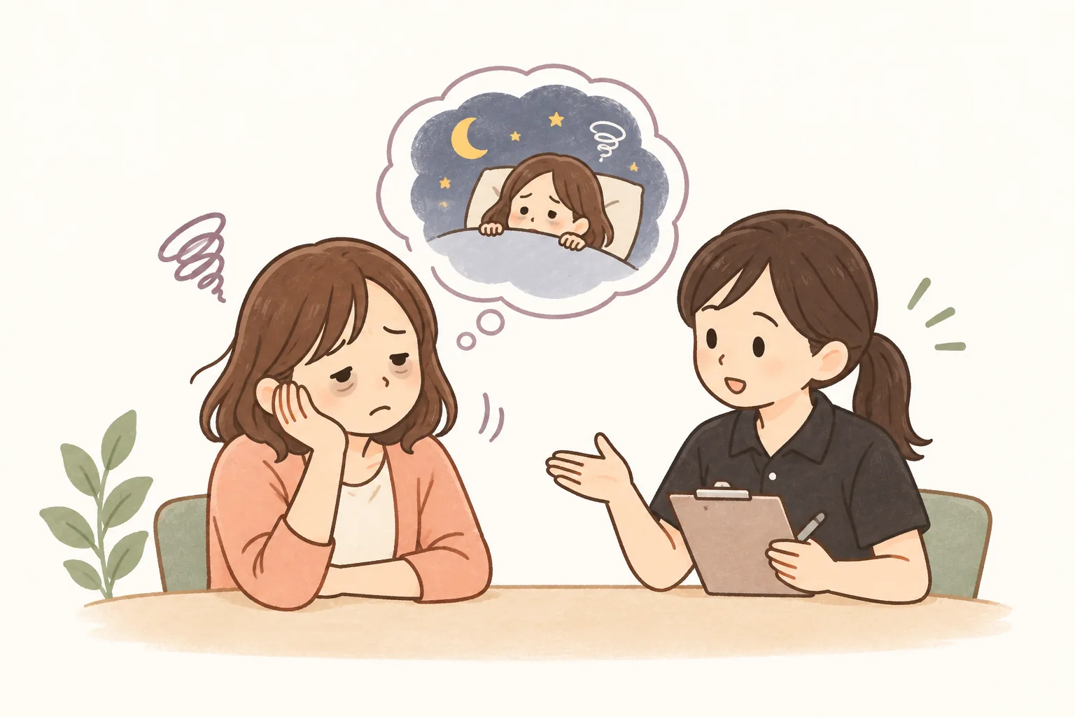 眠れず疲れを抱える保護者が一人で看護師に相談する場面（イラスト）