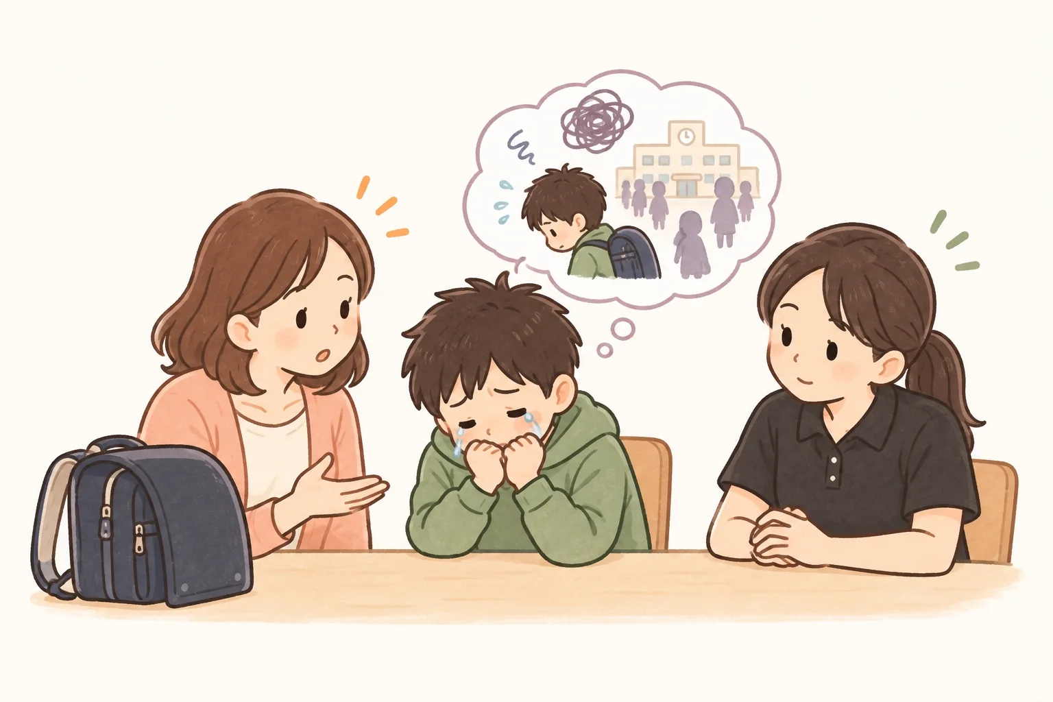 学校のことを考えて涙ぐむ子どもと、話を聞く母親・看護師（イラスト）
