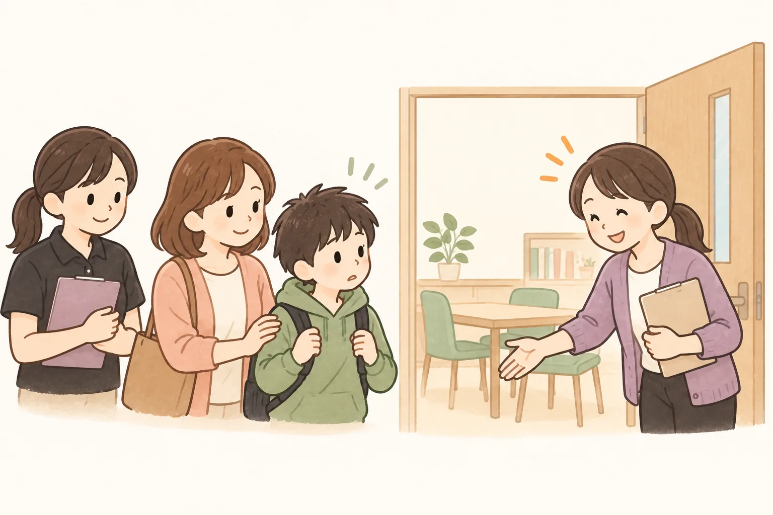 別室の入口でためらう子どもを先生が迎える場面（イラスト）