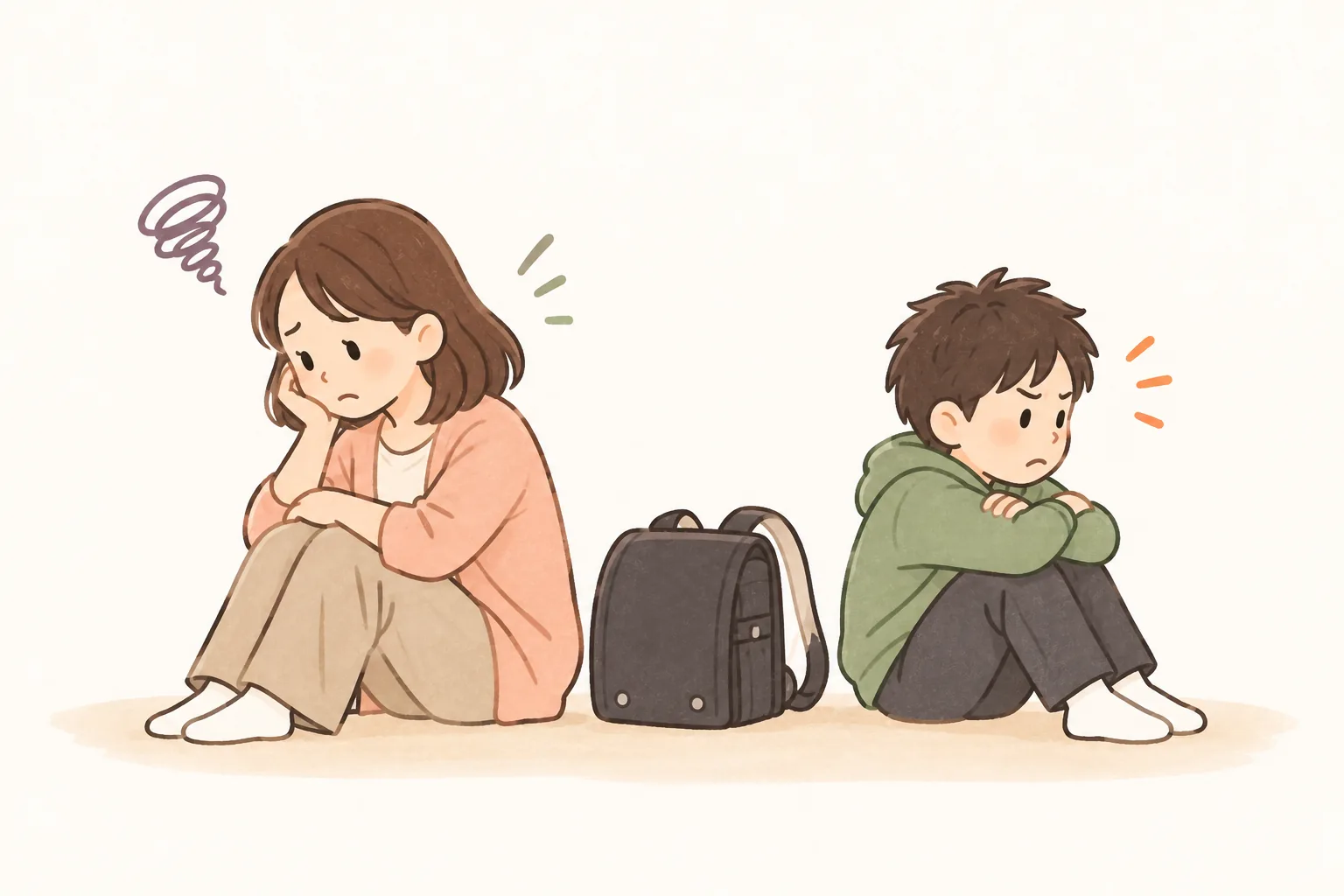 学校の話で気持ちがすれ違い、互いに背を向ける親子（イラスト）