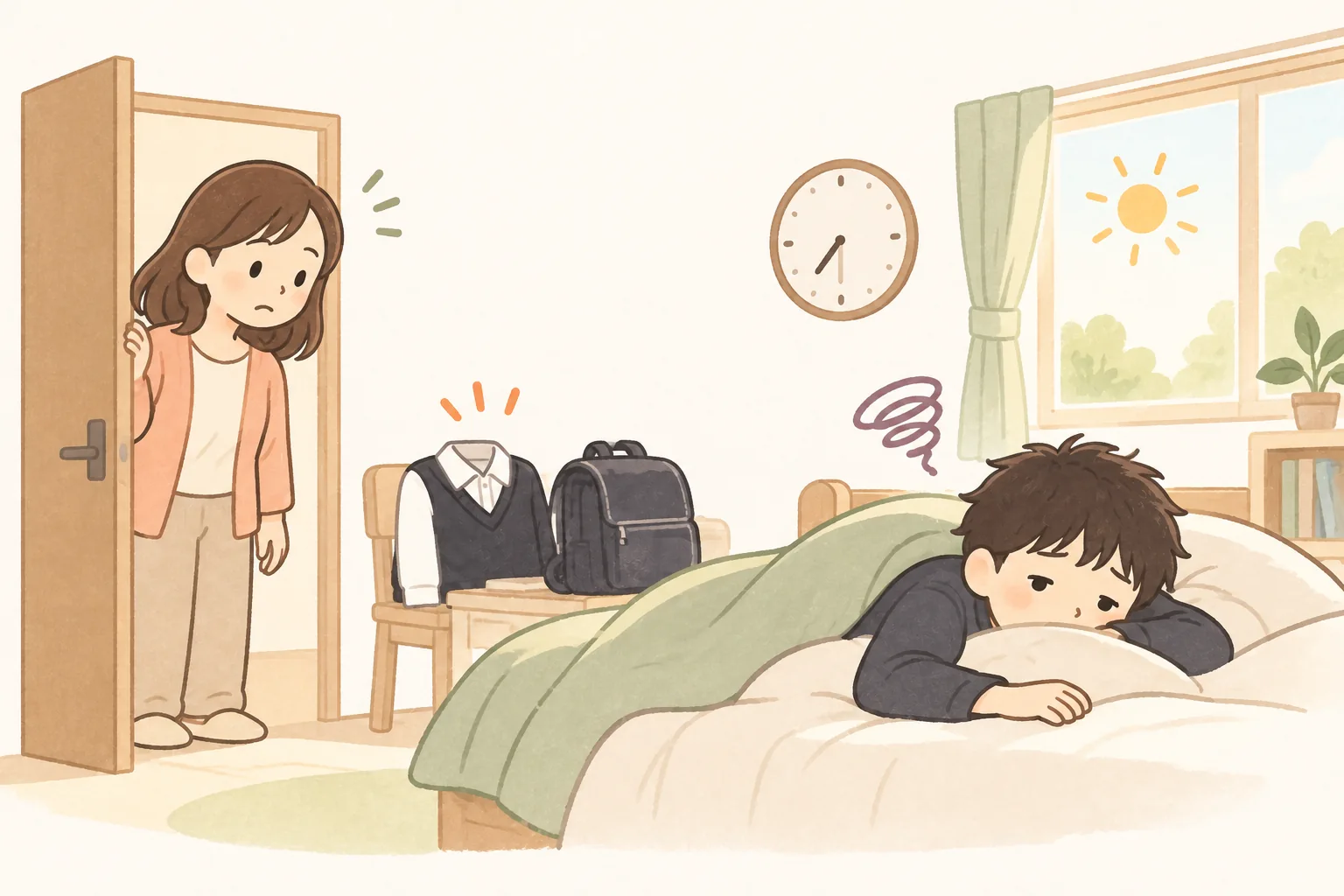 朝、通学の準備ができても布団から動けない子ども（イラスト）