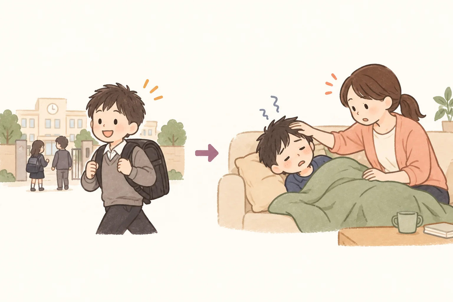 登校した後、自宅で疲れて休む子ども（イラスト）