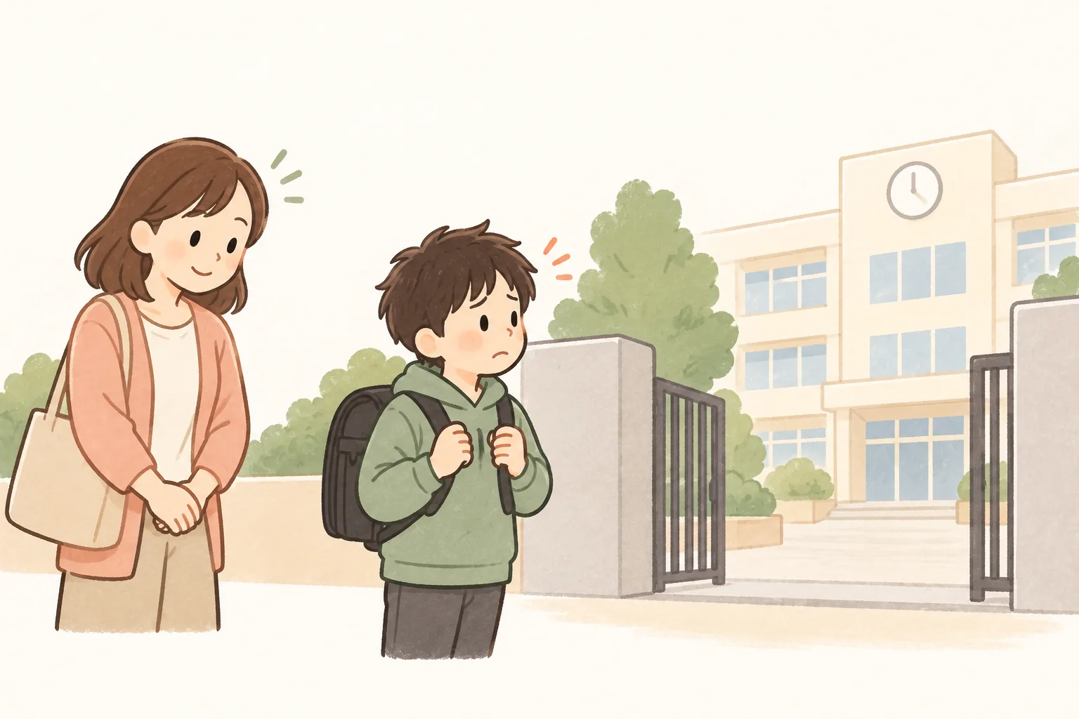 校門の前で足が止まり、不安そうな子ども（イラスト）