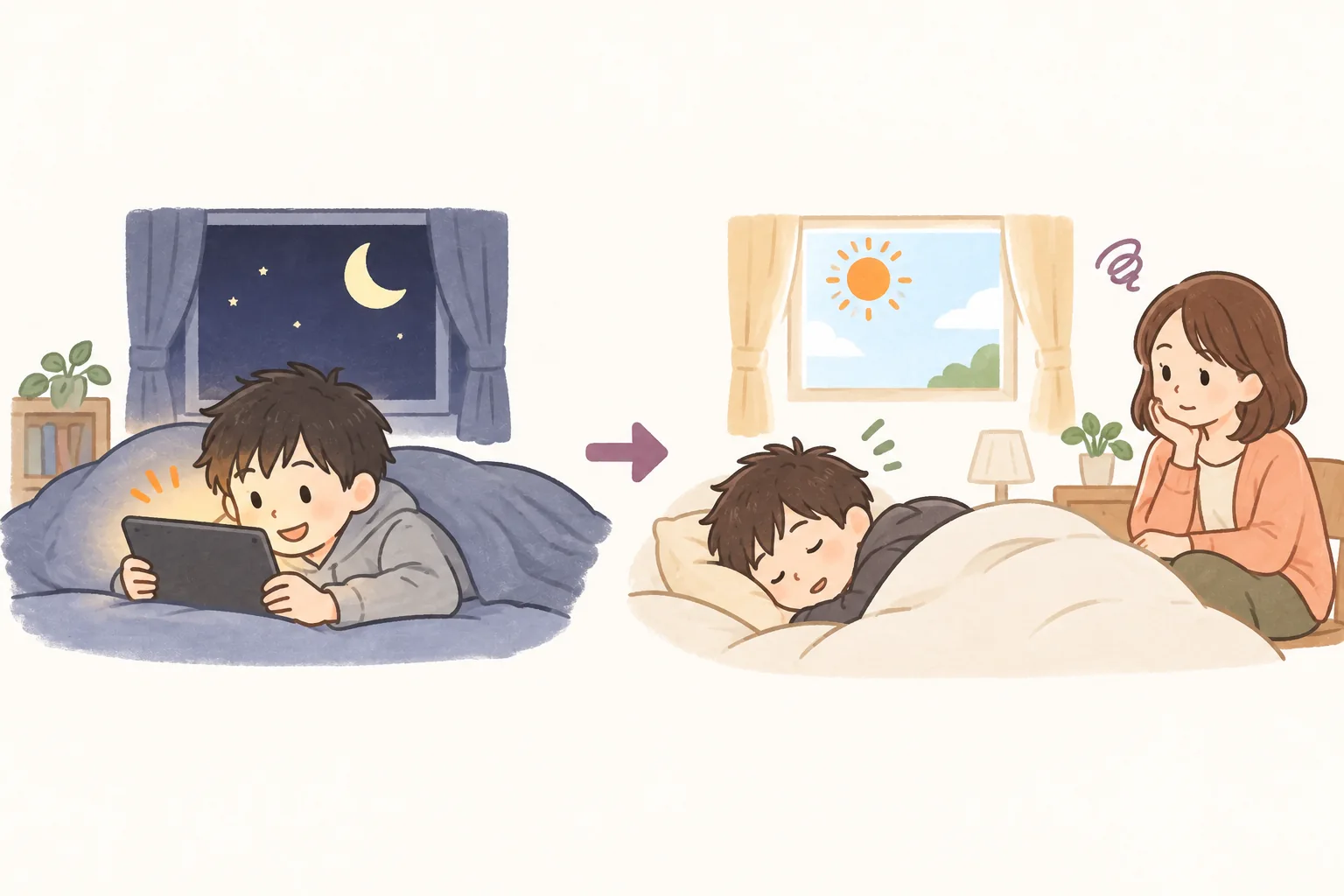 夜は起きていて、明るい時間に眠る子ども（イラスト）