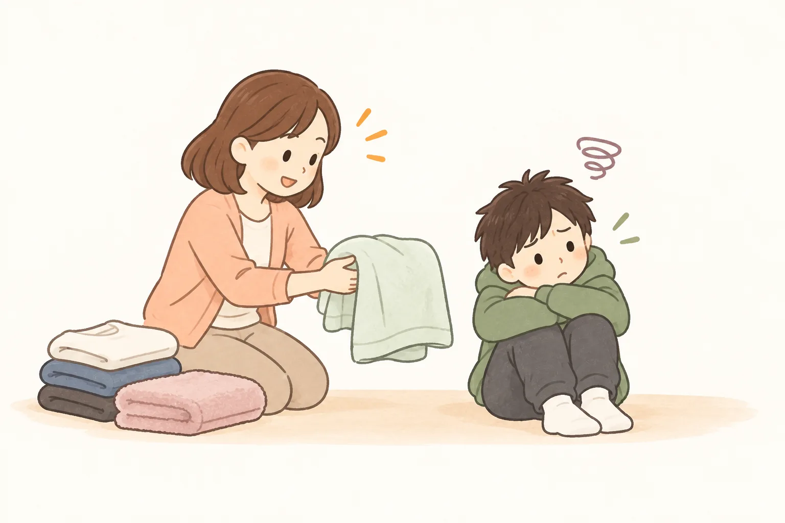 着替えや入浴を促されても気が進まない子ども（イラスト）