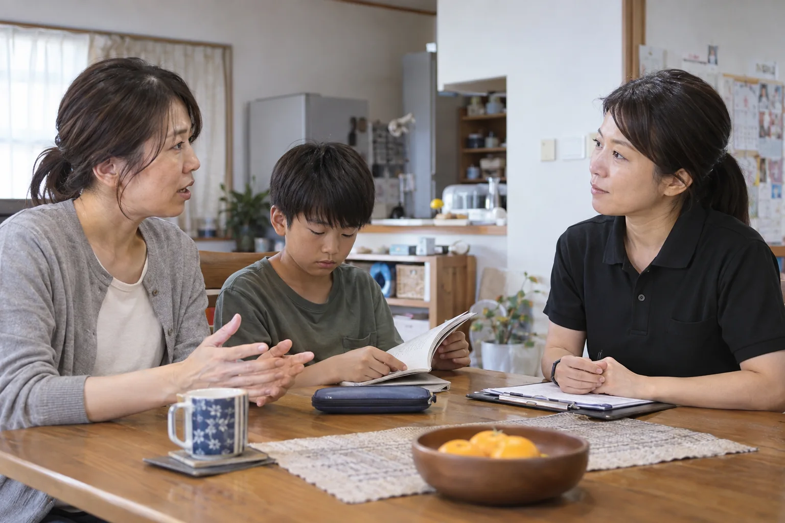 ご自宅でお子さまの様子を確認し、ご家族の話を聞く看護師