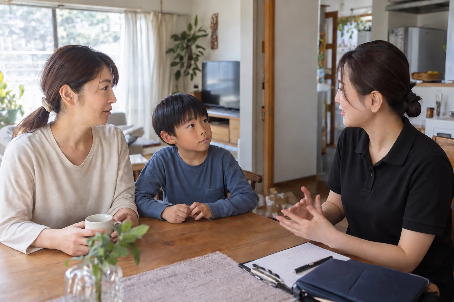 自宅で本人と保護者の話を聞く看護師